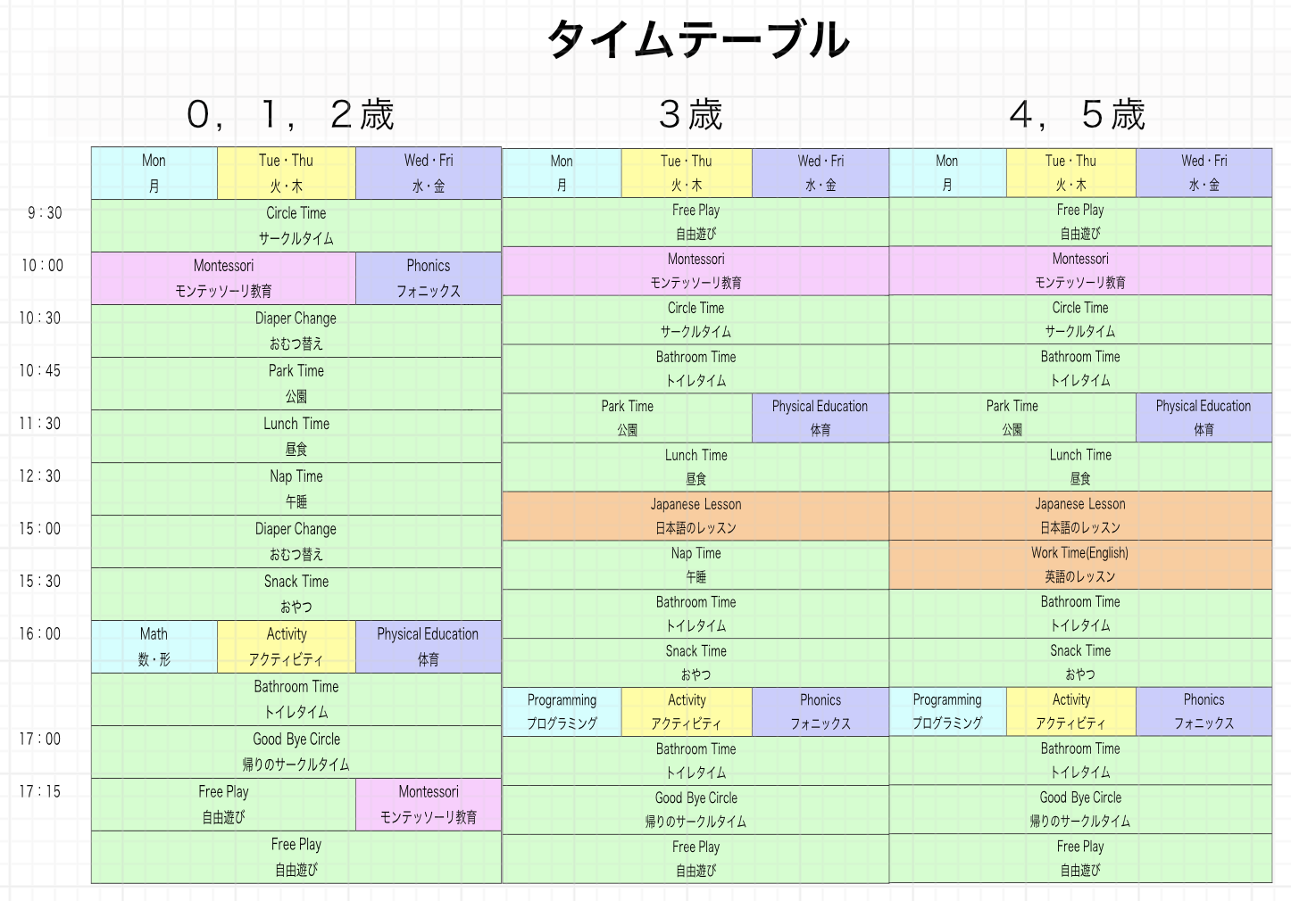 プリスクールのスケジュール